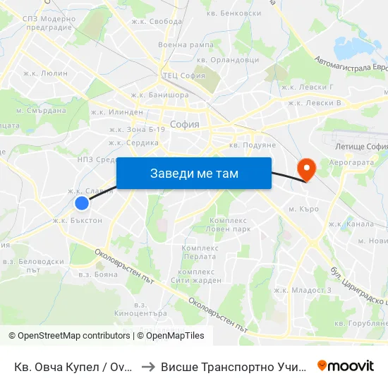 Кв. Овча Купел / Ovcha Kupel Qr. (0875) to Висше Транспортно Училище Тодор Каблешков map