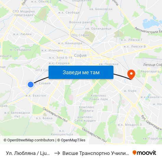 Ул. Любляна / Ljubljana St. (0900) to Висше Транспортно Училище Тодор Каблешков map
