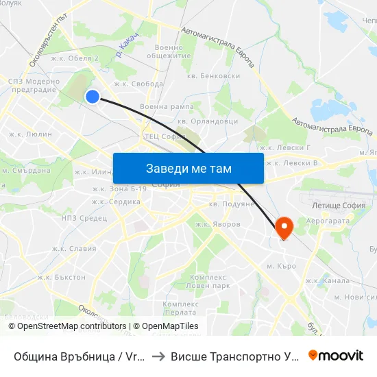Община Връбница / Vrabnitsa Municipality (0675) to Висше Транспортно Училище Тодор Каблешков map
