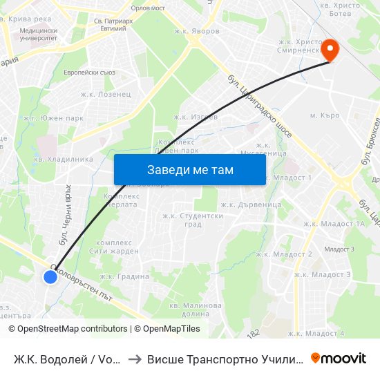 Ж.К. Водолей / Vodoley Qr. (2597) to Висше Транспортно Училище Тодор Каблешков map