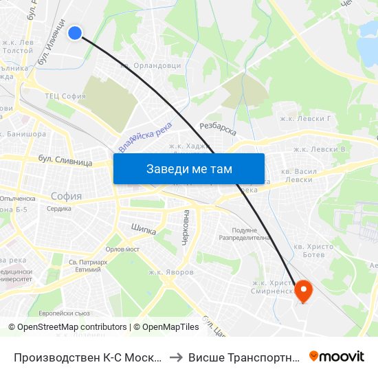 Производствен К-С Москва / Moskva Industrial Complex (0538) to Висше Транспортно Училище Тодор Каблешков map