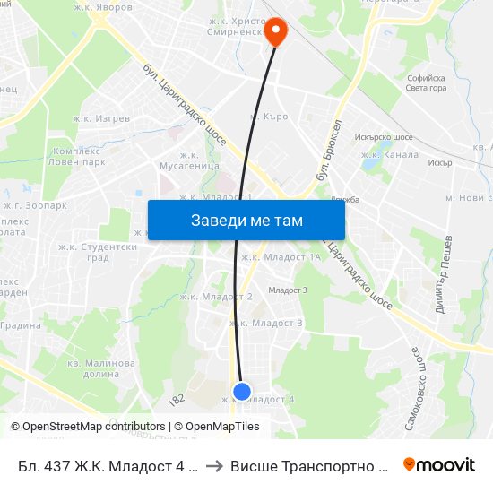 Бл. 437 Ж.К. Младост 4 / Bl. 437, Mladost 4 Qr. (0220) to Висше Транспортно Училище Тодор Каблешков map