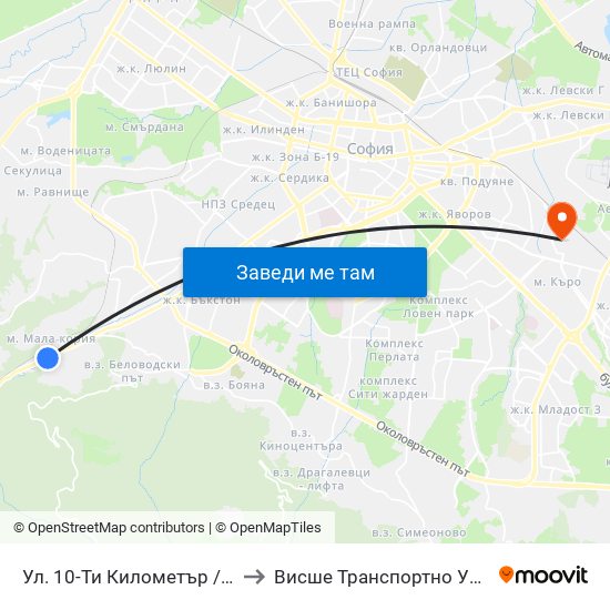 Ул. 10-Ти Километър / 10-Ti Kilometar St. (0522) to Висше Транспортно Училище Тодор Каблешков map