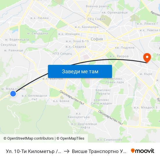 Ул. 10-Ти Километър / 10-Ti Kilometar St. (0521) to Висше Транспортно Училище Тодор Каблешков map