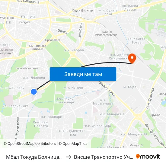 Мбал Токуда Болница / Tokuda Hospital (0205) to Висше Транспортно Училище Тодор Каблешков map