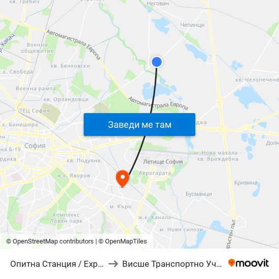 Опитна Станция / Experimental Station (1206) to Висше Транспортно Училище Тодор Каблешков map