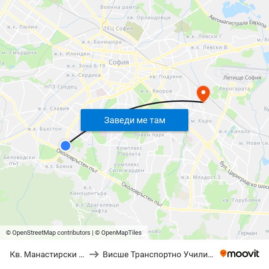 Кв. Манастирски Ливади (0868) to Висше Транспортно Училище Тодор Каблешков map