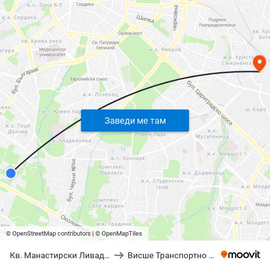 Кв. Манастирски Ливади / Manastirski Livadi Qr. (0867) to Висше Транспортно Училище Тодор Каблешков map