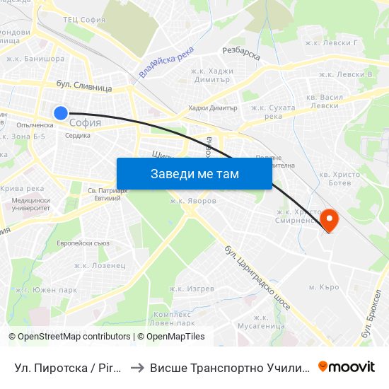 Ул. Пиротска / Pirotska St. (2112) to Висше Транспортно Училище Тодор Каблешков map