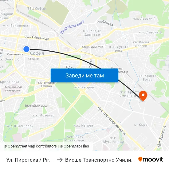 Ул. Пиротска / Pirotska St. (2112) to Висше Транспортно Училище Тодор Каблешков map