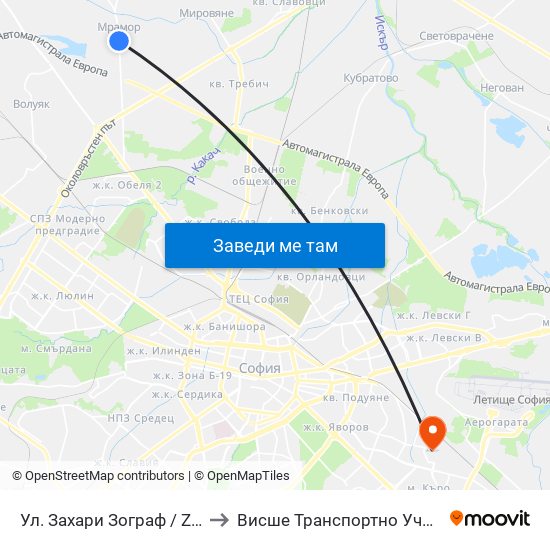 Ул. Захари Зограф / Zahari Zograf St. (2743) to Висше Транспортно Училище Тодор Каблешков map