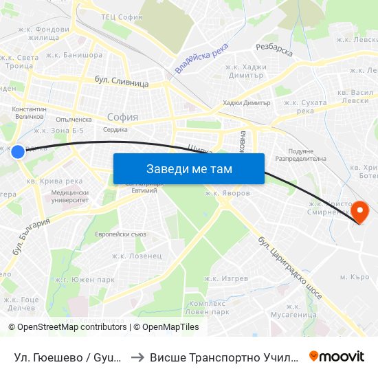 Ул. Гюешево / Gyueshevo St. (1156) to Висше Транспортно Училище Тодор Каблешков map