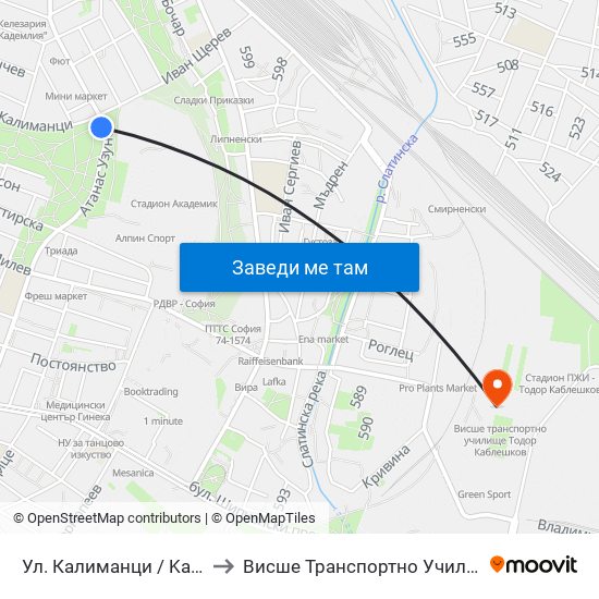 Ул. Калиманци / Kalimantsi St. (1973) to Висше Транспортно Училище Тодор Каблешков map