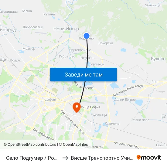 Село Подгумер / Podgumer Village (2188) to Висше Транспортно Училище Тодор Каблешков map