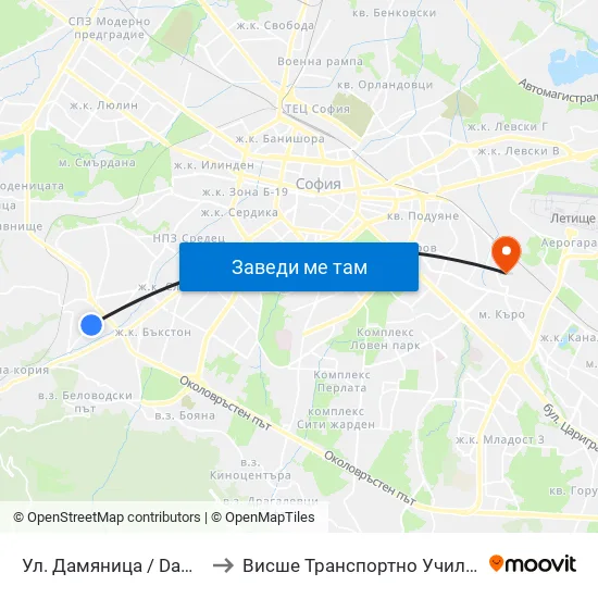 Ул. Дамяница / Damyanitsa St. (1922) to Висше Транспортно Училище Тодор Каблешков map
