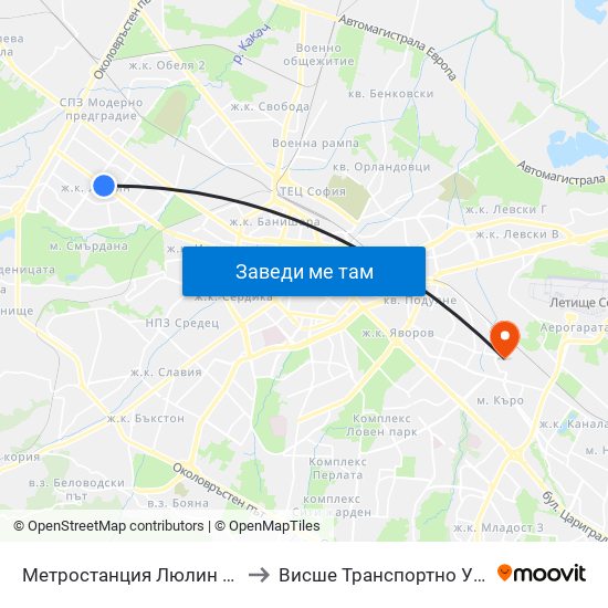 Ⓜ️ Метростанция Люлин / Lyulin Metro Station (1057) to Висше Транспортно Училище Тодор Каблешков map
