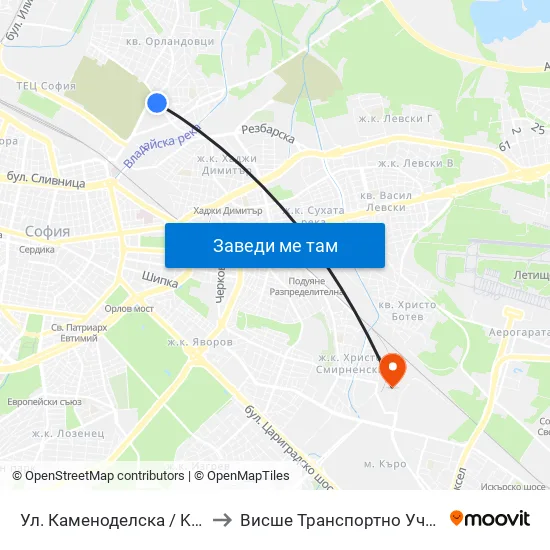 Ул. Каменоделска / Kamenodelska St. (1978) to Висше Транспортно Училище Тодор Каблешков map