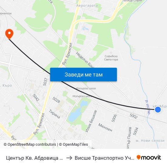 Център Кв. Абдовица / Abdovitsa Centre (2339) to Висше Транспортно Училище Тодор Каблешков map