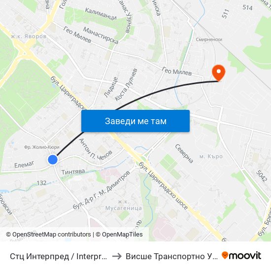Стц Интерпред / Interpred World Trade Centre (1112) to Висше Транспортно Училище Тодор Каблешков map
