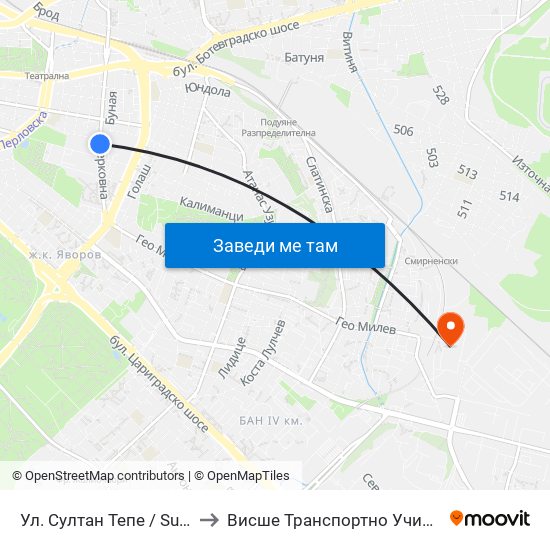 Ул. Султан Тепе / Sultan Tepe St. (2194) to Висше Транспортно Училище Тодор Каблешков map