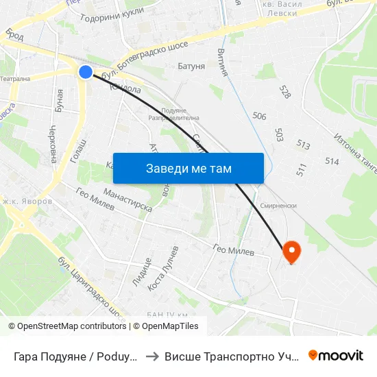 Гара Подуяне / Poduyane Train Station (0473) to Висше Транспортно Училище Тодор Каблешков map