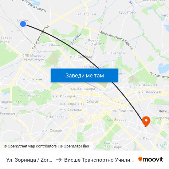 Ул. Зорница / Zornitsa St. (1220) to Висше Транспортно Училище Тодор Каблешков map