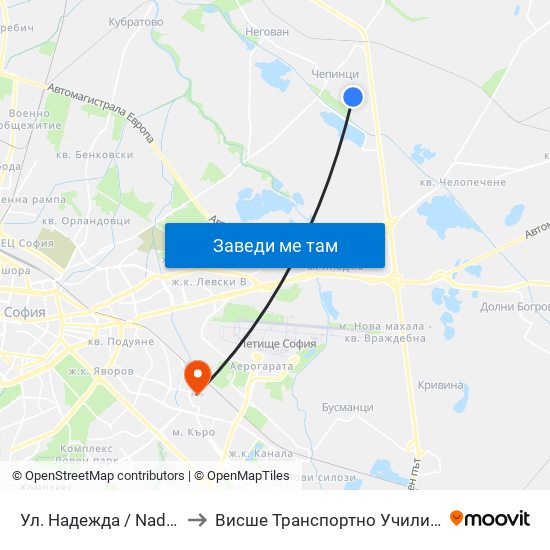 Ул. Надежда / Nadezhda St. (1223) to Висше Транспортно Училище Тодор Каблешков map