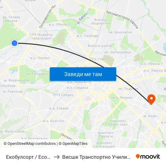 Екобулсорт / Ecobulsort (2520) to Висше Транспортно Училище Тодор Каблешков map