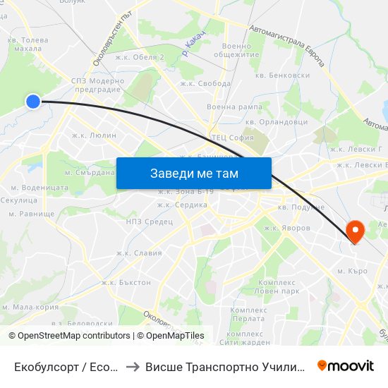 Екобулсорт / Ecobulsort (2521) to Висше Транспортно Училище Тодор Каблешков map