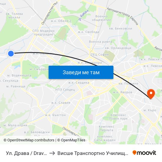 Ул. Драва / Drava St. (1938) to Висше Транспортно Училище Тодор Каблешков map