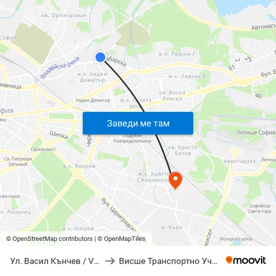 Ул. Васил Кънчев / Vasil Kanchev St. (1860) to Висше Транспортно Училище Тодор Каблешков map