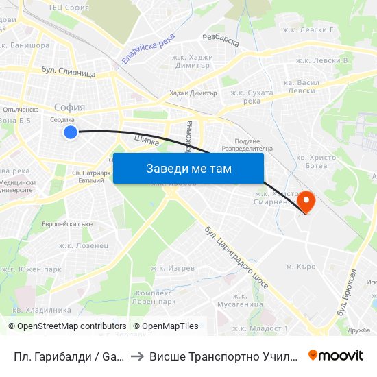 Пл. Гарибалди / Garibaldi Sq. (1997) to Висше Транспортно Училище Тодор Каблешков map