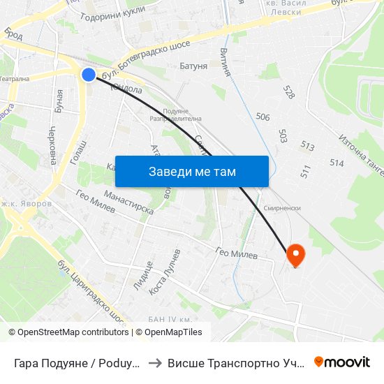 Гара Подуяне / Poduyane Train Station (0466) to Висше Транспортно Училище Тодор Каблешков map