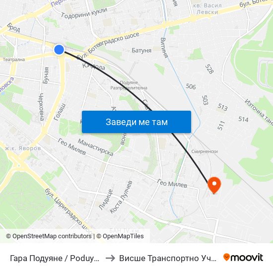 Гара Подуяне / Poduyane Train Station (0467) to Висше Транспортно Училище Тодор Каблешков map