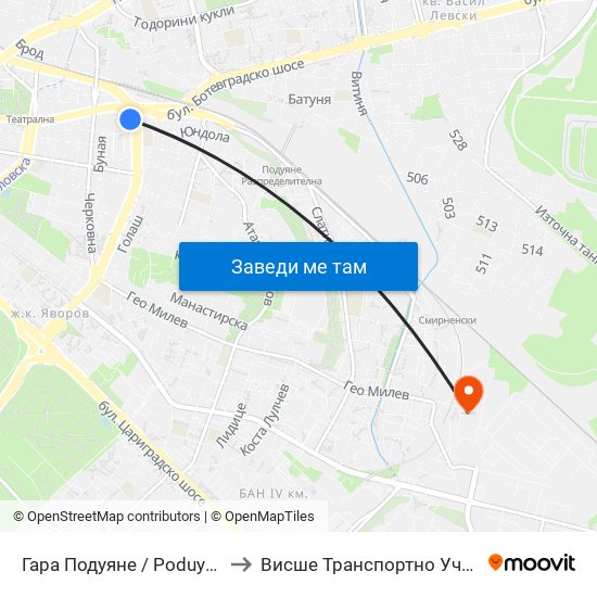 Гара Подуяне / Poduyane Train Station (0468) to Висше Транспортно Училище Тодор Каблешков map