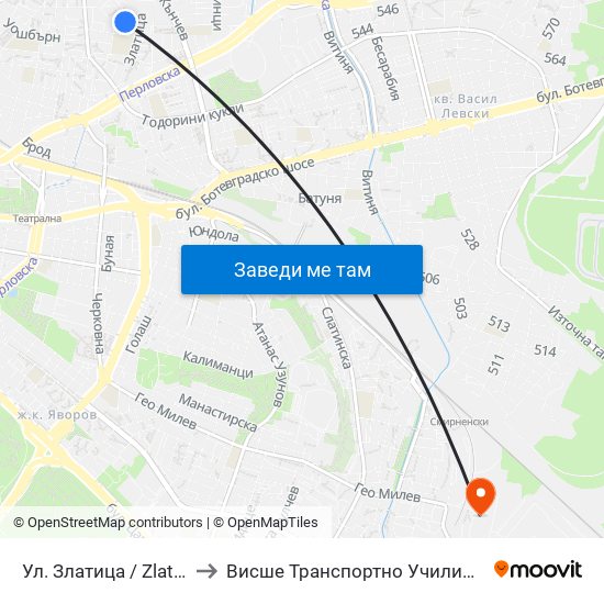 Ул. Златица / Zlatitsa St. (1947) to Висше Транспортно Училище Тодор Каблешков map