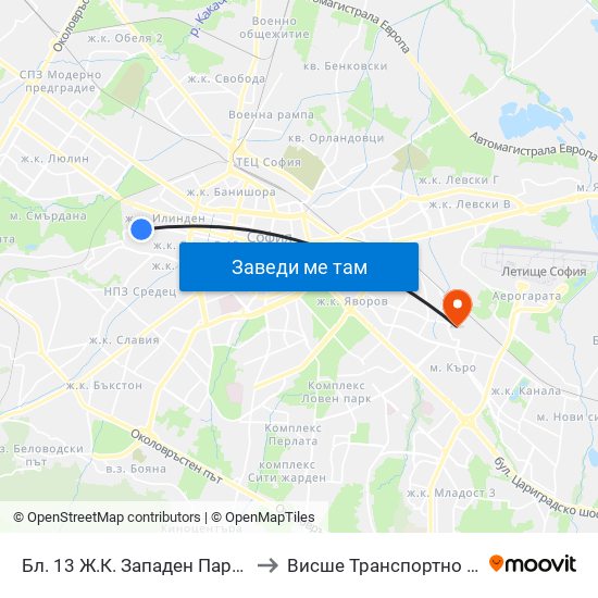 Бл. 13 Ж.К. Западен Парк / Bl. 13, Zapaden Park Qr. (2569) to Висше Транспортно Училище Тодор Каблешков map