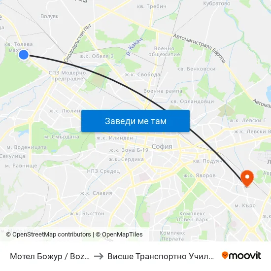 Мотел Божур / Bozhur Motel (1106) to Висше Транспортно Училище Тодор Каблешков map