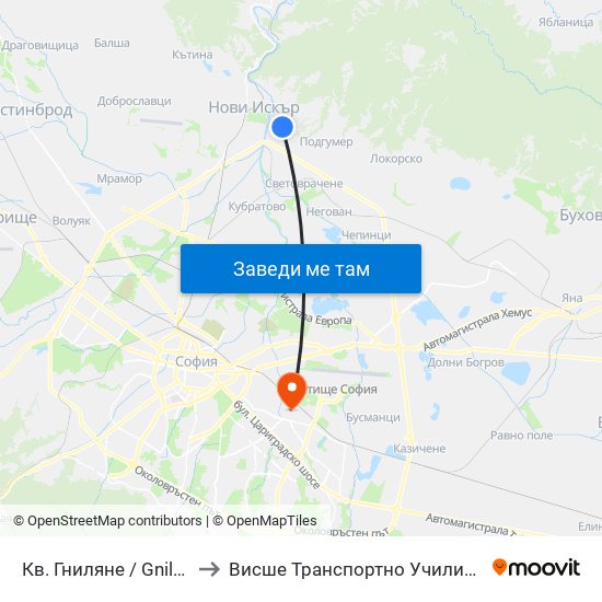 Кв. Гниляне / Gnilyane Qr. (0828) to Висше Транспортно Училище Тодор Каблешков map