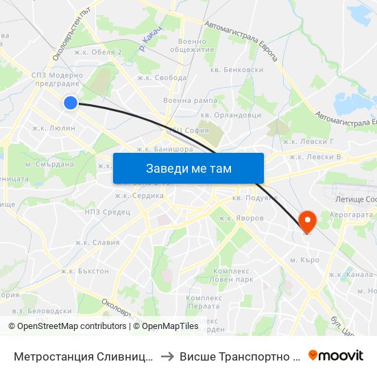 Метростанция Сливница / Slivnitsa Metro Station (1062) to Висше Транспортно Училище Тодор Каблешков map