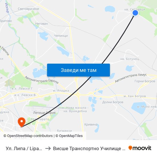 Ул. Липа / Lipa St. (2534) to Висше Транспортно Училище Тодор Каблешков map