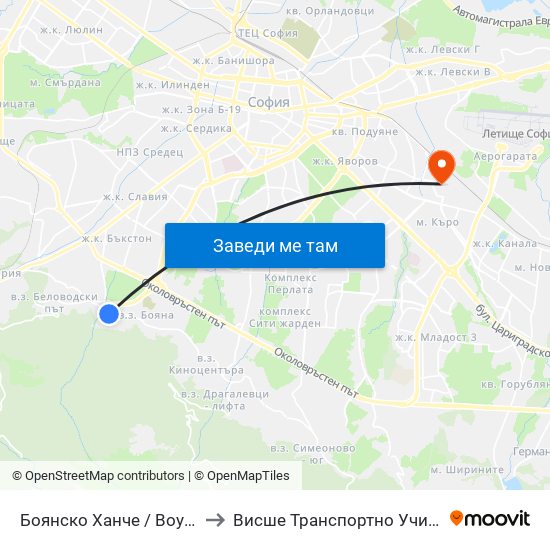 Боянско Ханче / Boyansko Hanche (0266) to Висше Транспортно Училище Тодор Каблешков map