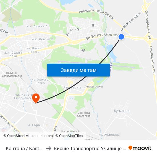 Кантона / Kantona (2441) to Висше Транспортно Училище Тодор Каблешков map