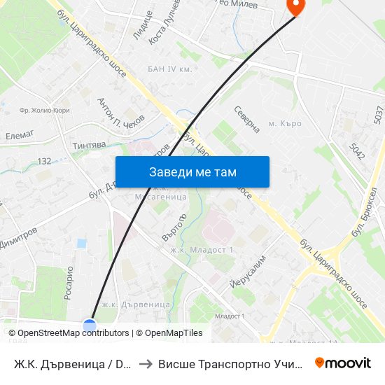 Ж.К. Дървеница / Darvenitsa Qr. (0801) to Висше Транспортно Училище Тодор Каблешков map