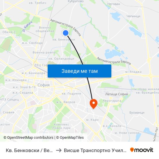 Кв. Бенковски / Benkovski Qr. (0806) to Висше Транспортно Училище Тодор Каблешков map