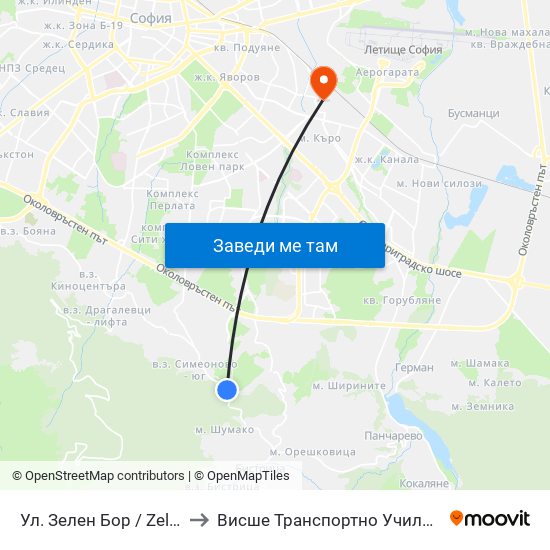 Ул. Зелен Бор / Zelen Bor St. (0259) to Висше Транспортно Училище Тодор Каблешков map