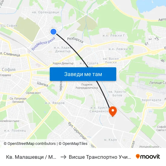 Кв. Малашевци / Malashevtsi Qr. (0863) to Висше Транспортно Училище Тодор Каблешков map