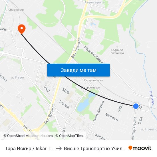 Гара Искър / Iskar Train Station (0826) to Висше Транспортно Училище Тодор Каблешков map