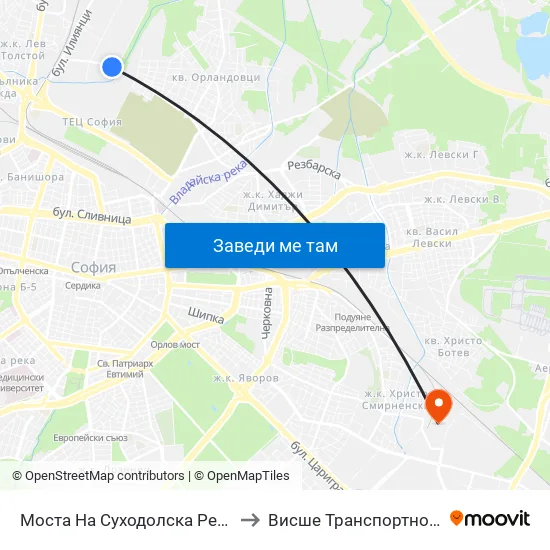 Моста На Суходолска Река / Suhodolska River Bridge (1506) to Висше Транспортно Училище Тодор Каблешков map