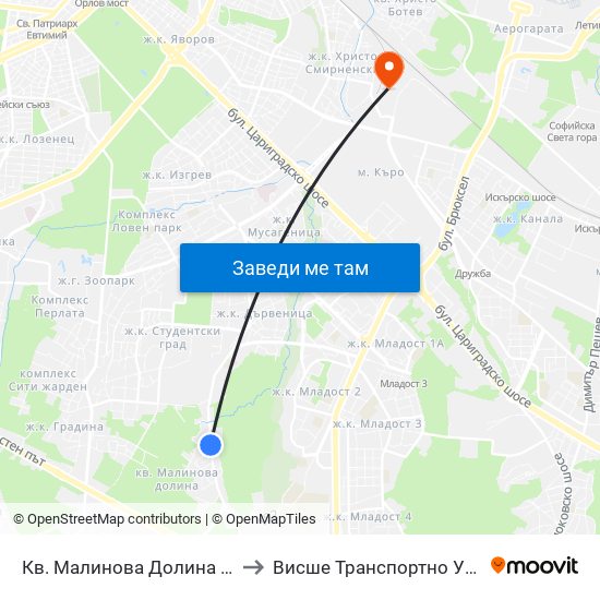 Кв. Малинова Долина / Malinova Dolina Qr. (0423) to Висше Транспортно Училище Тодор Каблешков map